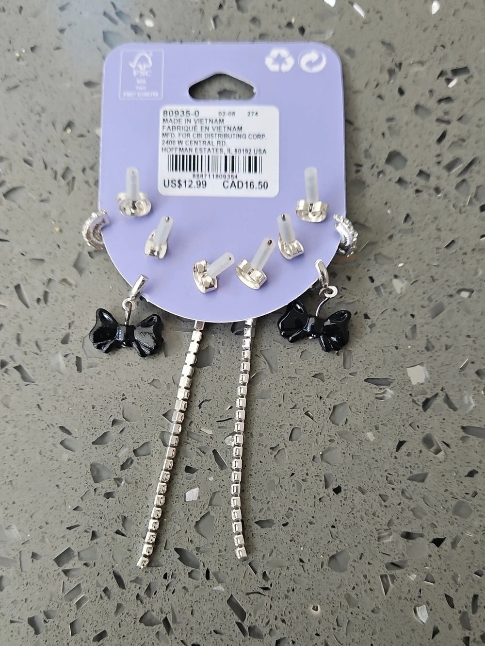 Claire's Stackables Bow and Rhinestone Linear Earring Set Bow and Rhinestone - Picture 2 of 2